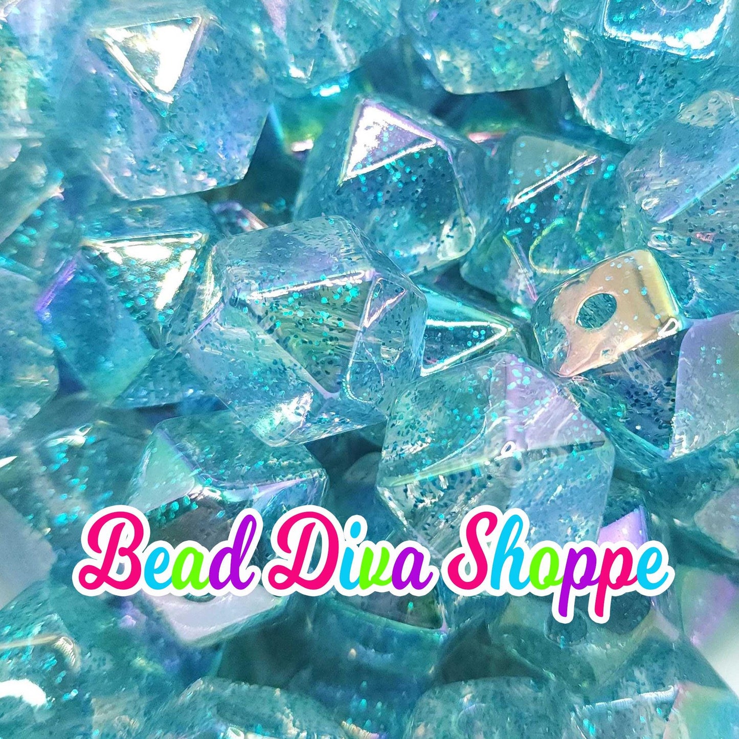 20mm - AQUA HEXAGON GLITTER Ab - Bubblegum Chunky Beads - Round Acrylic Beads for Diy and Jewelry Making Supplies