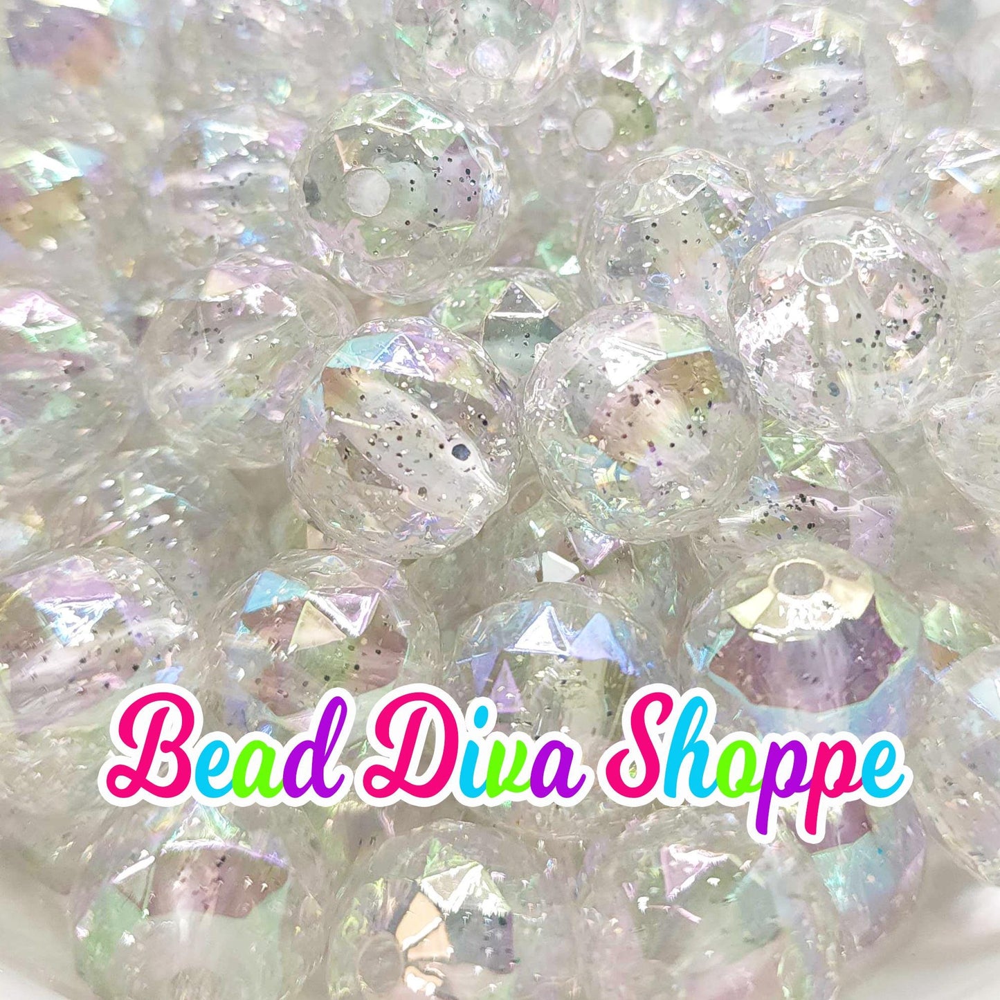 20mm - CLEAR FACETED GLITTER Ab - Bubblegum Chunky Beads - Round Acrylic Beads for Diy and Jewelry Making Supplies