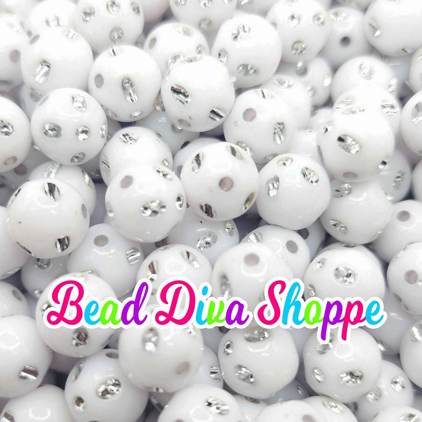 12mm - Set of 50 - WHITE Bling Beads - Bubblegum - Rhinestone - Acrylic Beads for DIY and Jewelry Making Supplies