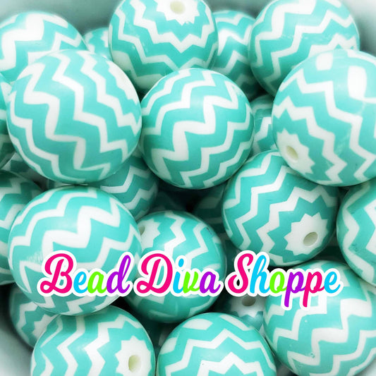 20mm - MINT GREEN and WHITE Pearl Zig Zag Beads - Bubblegum - Round Acrylic Beads for Diy and Jewelry Making Supplies