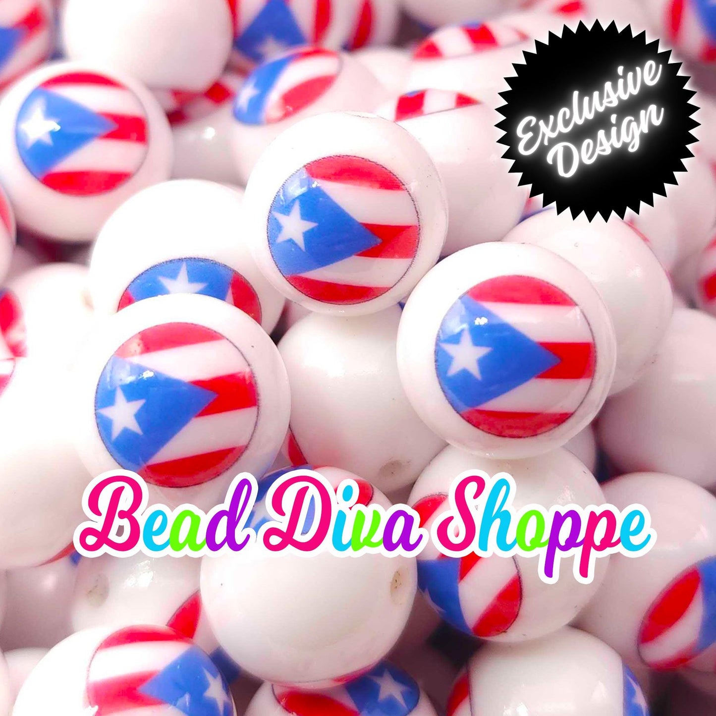 EXCLUSIVE - Set of 10 - 15mm - New Design - PUERTO RICO Flag - Printed Round Shiny Silicone Beads -Jewelry Making - Beaded Pens - Keychains