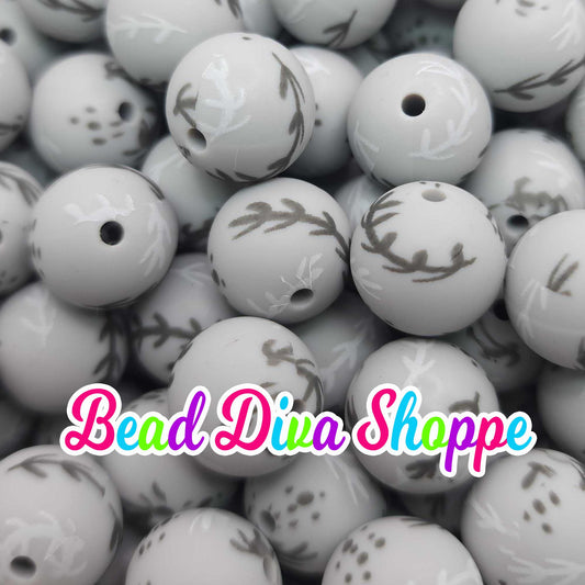 Set of 10 - 15mm - GRAY - BRANCHES - Round Silicone Beads for Diy and Jewelry Making Supplies - Keychains - Beaded Pens