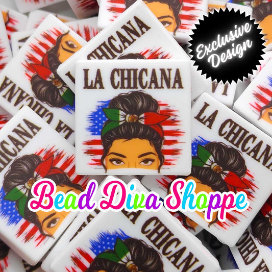 EXCLUSIVE - Set of 2 - 28mmX28mm - LA CHICANA - Mexicana Pride - Focal Beads - Diy Jewelry Making - Beaded Pens - Keychains - Bracelets