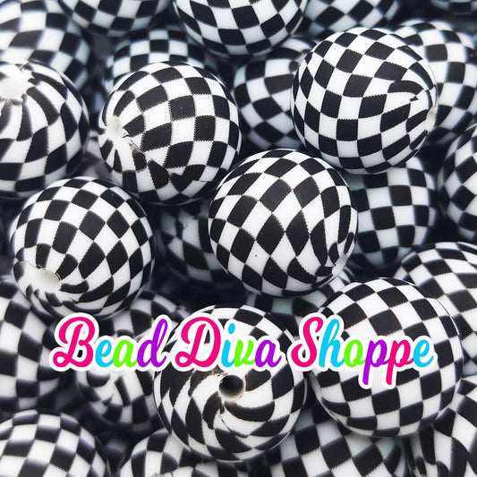 Set of 10 - 15mm - BLACK CHECKERED - Round Silicone Beads for Diy and Jewelry Making Supplies - Key Chains - Beaded Pens