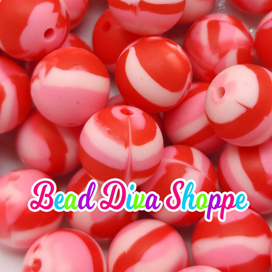 Set of 10 - 15mm - RED / PINK SWIRL - Round Silicone Beads for Diy and Jewelry Making Supplies - Keychains - Beaded Pens