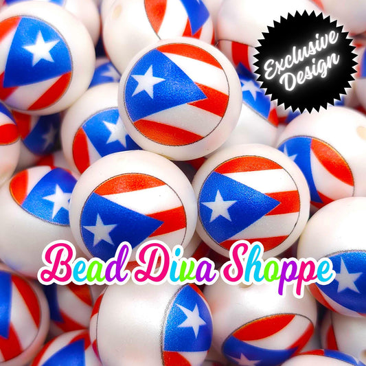 EXCLUSIVE - Set of 10 - 20mm - PUERTO RICO Flag - on White Acrylic Beads - Diy Jewelry Making - Beaded Pens - Keychains - Bracelets