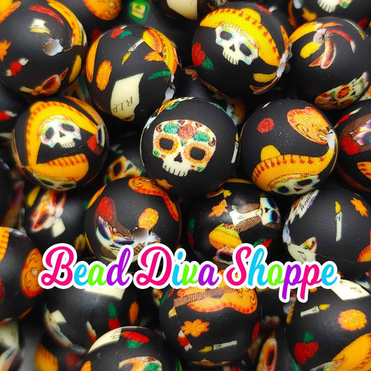 Set of 10 - 15mm - DAY of the DEAD - Round Silicone Beads for Diy and Jewelry Making Supplies - Keychains - Beaded Pens
