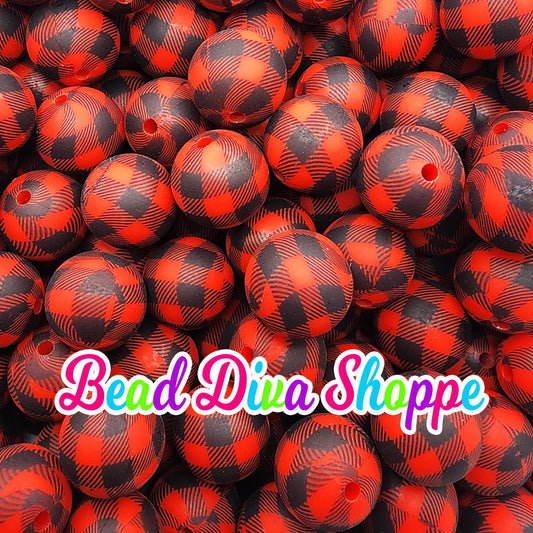 Set of 10 - 15mm - RED / BLACK CHECKERED - Round Silicone Beads - Diy Jewelry Making - Beaded Pens - Keychains - Bracelets
