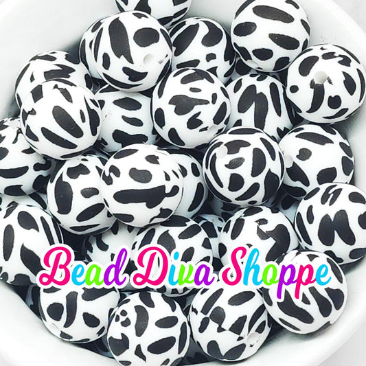 Set of 10 - 15mm - BLACK White COW PRINT - Round Silicone Beads for Diy and Jewelry Making Supplies