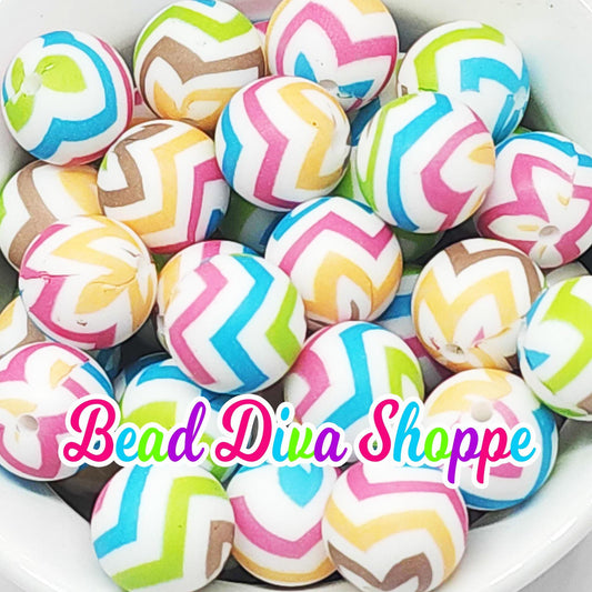 Set of 10 - 15mm - COLORFUL CHEVRON - ZIGZAG - Round Silicone Beads for Diy and Jewelry Making Supplies