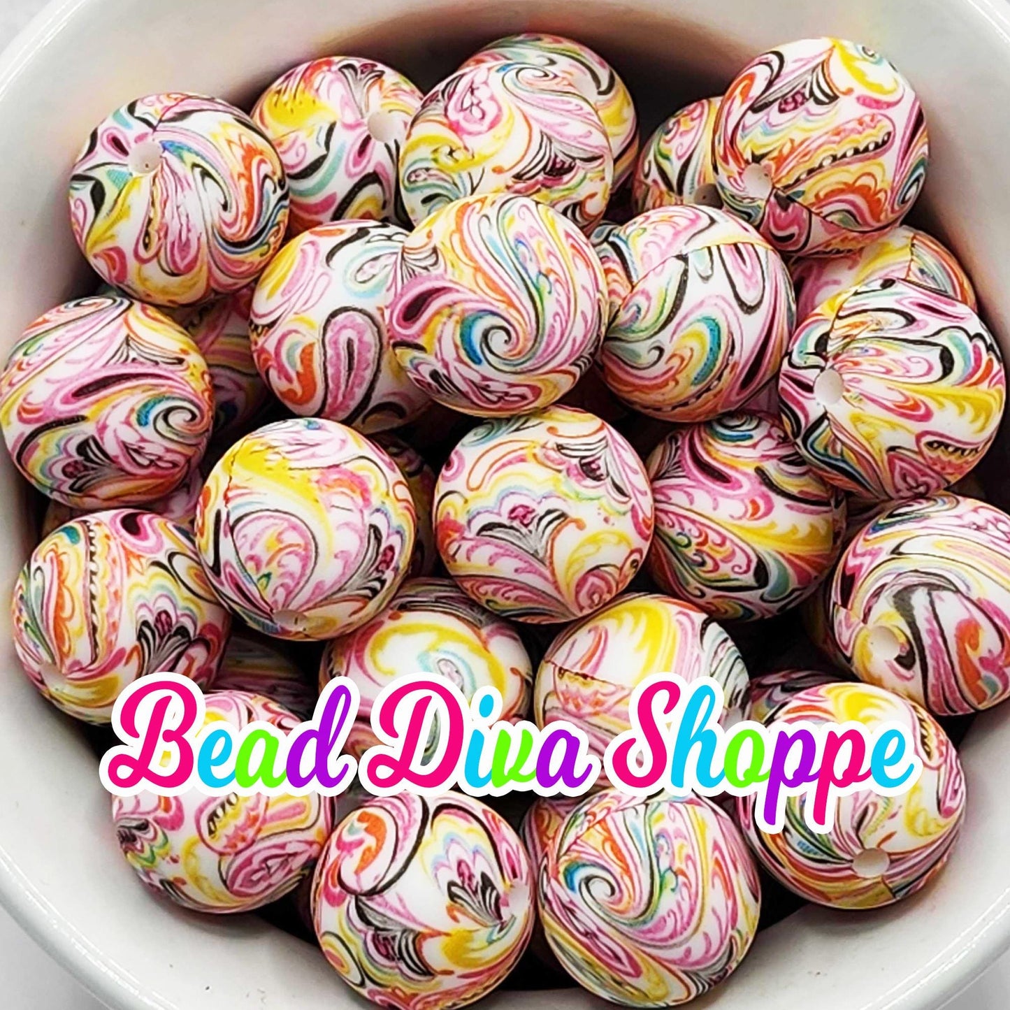 Set of 10 - 15mm - PINK PAISLEY - Round Silicone Beads - Diy Jewelry Making - Beaded Pens - Keychains - Bracelets