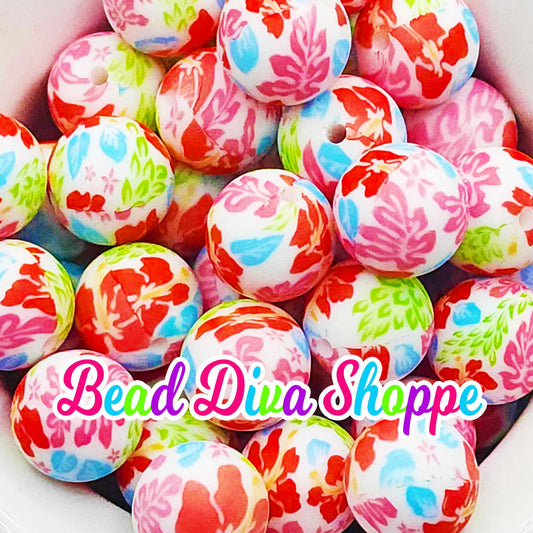 Set of 10 - 15mm - TROPICAL FLORAL - Round Silicone Beads for Diy and Jewelry Making Supplies