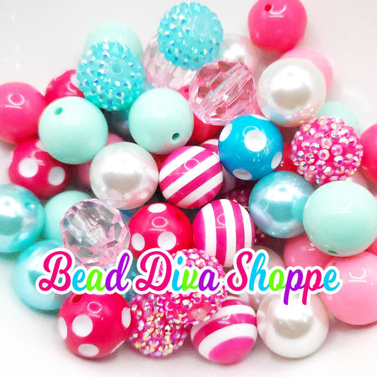 Set of 24 - 20mm - Hot PINK / AQUA / WHITE - Mix - Bead Lot - Bead Mix - Bubblegum - Round Acrylic Beads for Diy - Jewelry Making Supplies