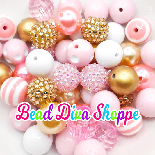 Set of 24 - 20mm - WHITE / GOLD / PINK Mix - Bead Mix - Bubblegum - Round Acrylic Beads for Diy and Jewelry Making Supplies