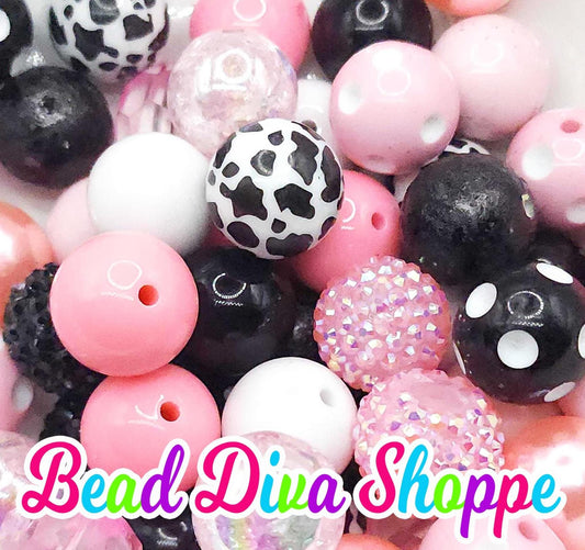Set of 24 - PINK / COW PRINT / White - Bead Mix - Bubblegum - Round Acrylic Beads for Diy and Jewelry Making Supplies