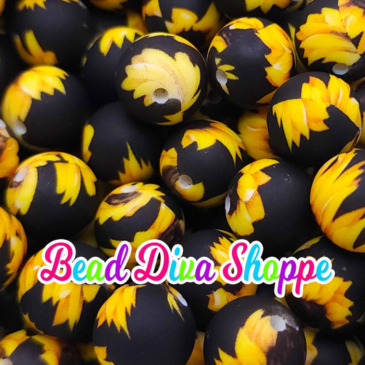 Set of 10 - 15mm - SUNFLOWERS - Round Silicone Beads for Diy and Jewelry Making Supplies