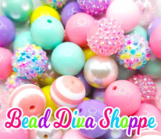 Set of 24 - PASTEL EASTER MIX - Bead Mix - Bubblegum - Round Acrylic Beads for Diy and Jewelry Making Supplies
