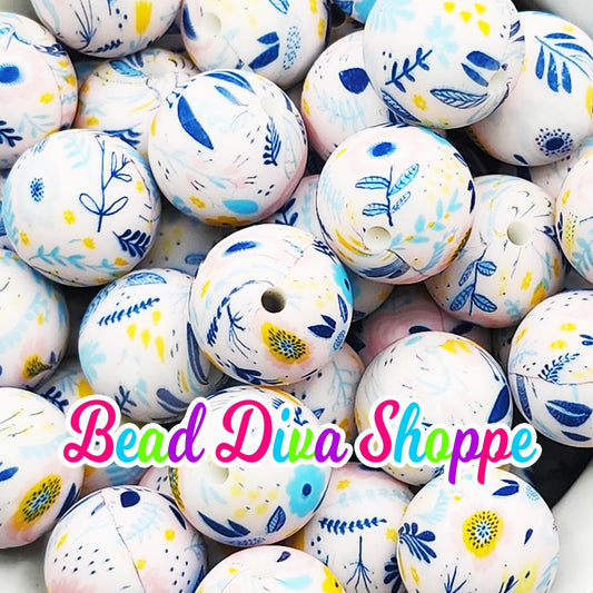 Set of 10 - 15mm - BLUE / YELLOW FLORAL - Round Silicone Beads - Diy Jewelry Making - Beaded Pens - Keychains - Bracelets