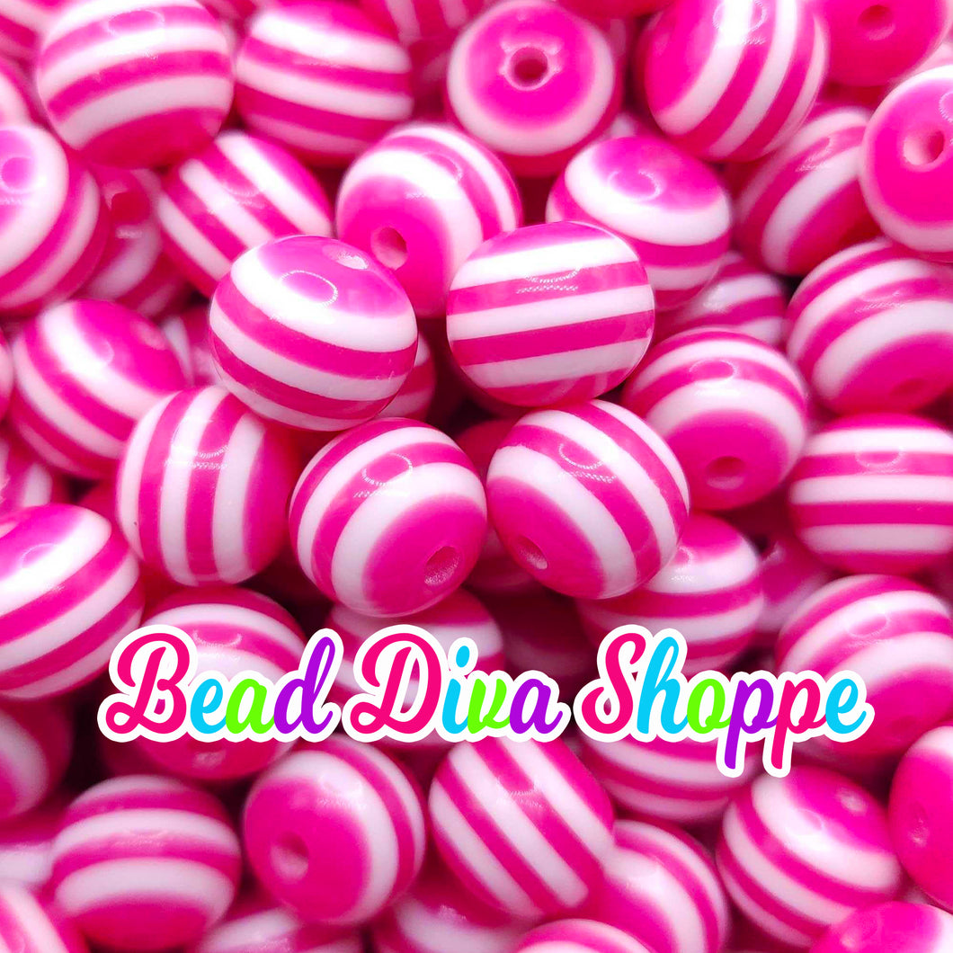 12mm - Set of 10 Beads - HOT PINK STRIPED -  Rhinestone Beads - Bubblegum - Diy - Jewelry Making Supplies