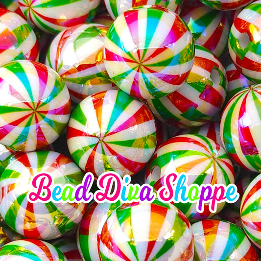 Set of 10 - 16mm - RED / GREEN STRIPE - Ab - Beads- Bubblegum - Chunky - Round Acrylic Beads for Diy and Jewelry Supplies