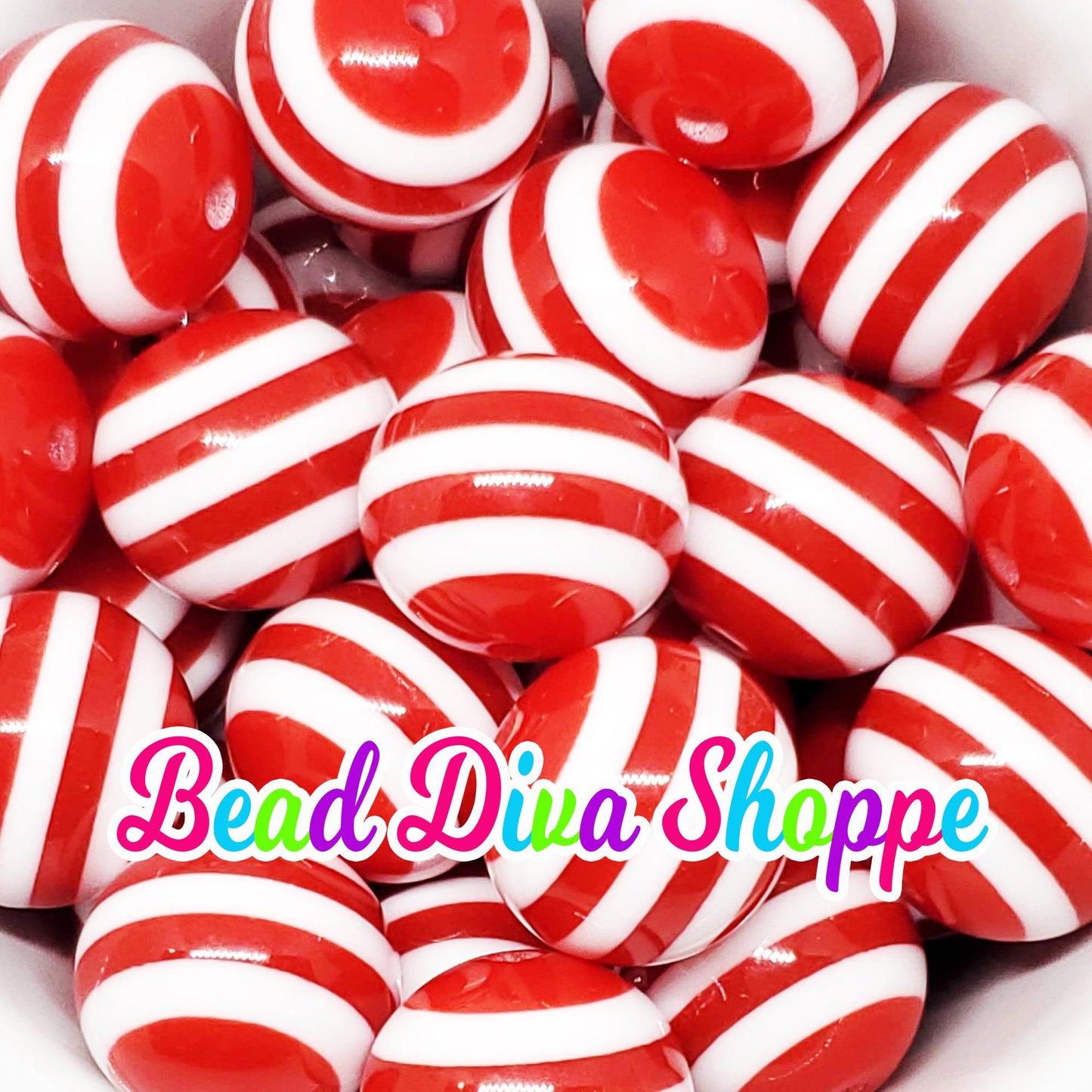 20mm - RED / WHITE STRIPES - Bubblegum Beads - Round Acrylic Beads for Diy and Jewelry Making Supplies