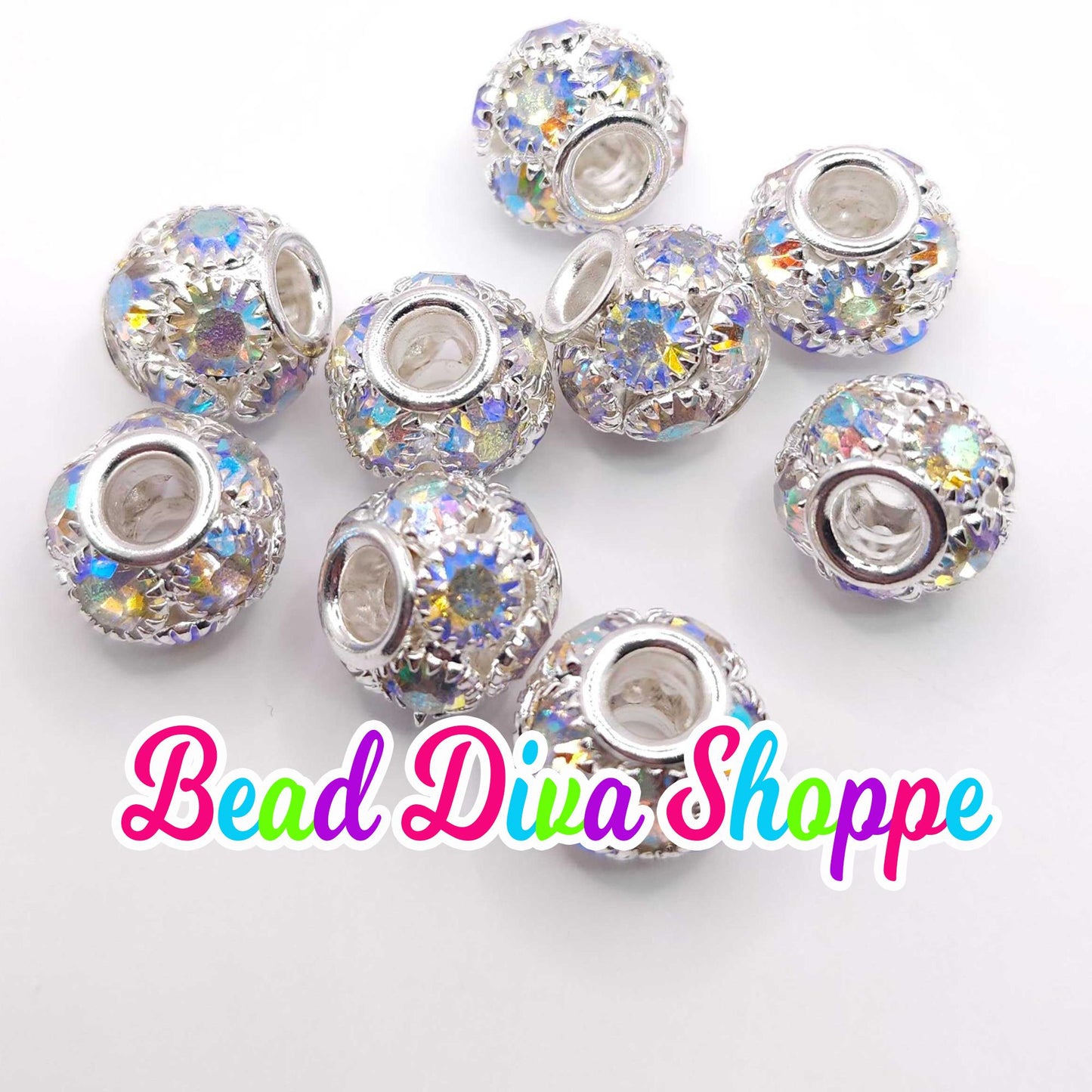 12mm - SET of 5 - SILVER AB -  Big Holes Crystal Rhinestone Hollow Spacer Rondelles Bead for Diy and Jewelry Making Supplies