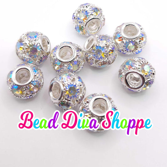 12mm - SET of 5 - SILVER AB -  Big Holes Crystal Rhinestone Hollow Spacer Rondelles Bead for Diy and Jewelry Making Supplies