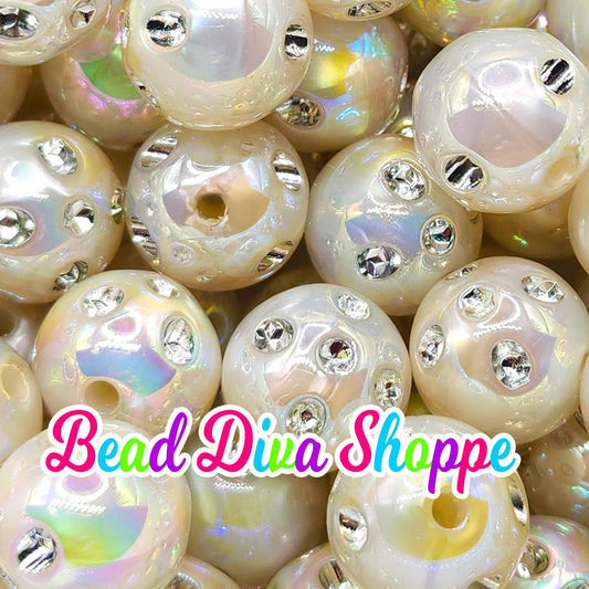 Set of 10 - 16mm - WHITE RHINESTONE AB - Acrylic Beads- Bubblegum - Chunky - Round Acrylic Beads for Diy and Jewelry Supplies