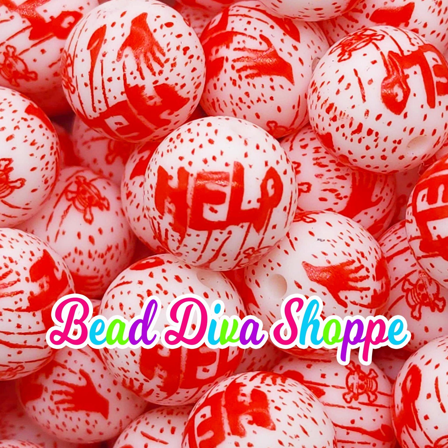 Set of 10 - 15mm - BLOODY HELP - Halloween - Round Silicone Beads for Diy and Jewelry Making Supplies - Keychains - Beaded Pens