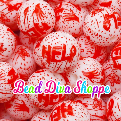 Set of 10 - 15mm - BLOODY HELP - Halloween - Round Silicone Beads for Diy and Jewelry Making Supplies - Keychains - Beaded Pens