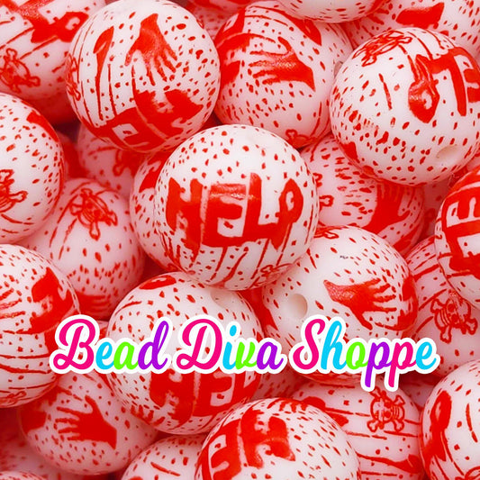 Set of 10 - 15mm - BLOODY HELP - Halloween - Round Silicone Beads for Diy and Jewelry Making Supplies - Keychains - Beaded Pens