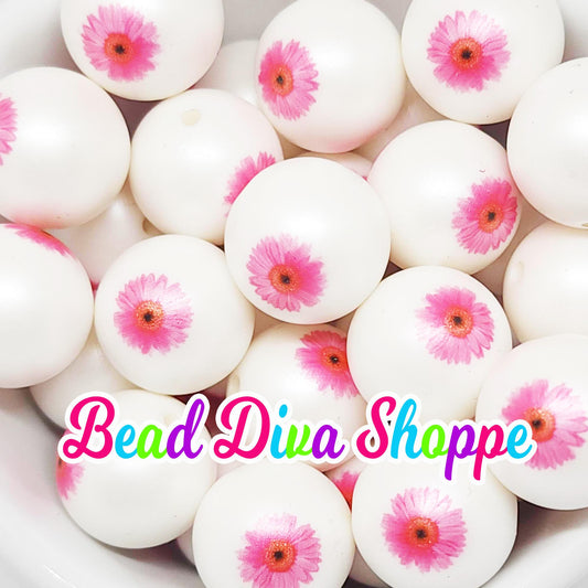 20mm - PINK GERBERA FLOWER Print Beads - Bubblegum - Round Acrylic Beads for Diy and Jewelry Making Supplies