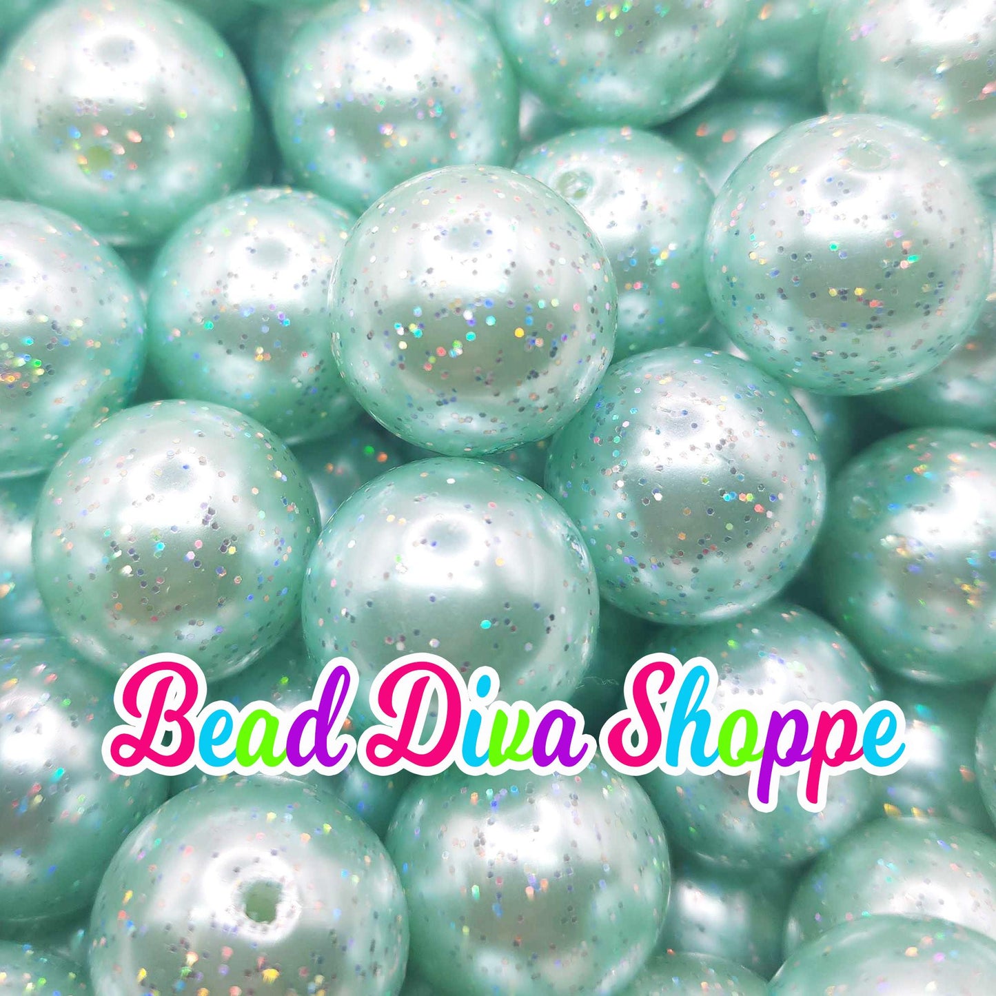20mm - MINT GREEN GLITTER - Bubblegum Chunky Beads - Round Acrylic Beads for Diy and Jewelry Making Supplies