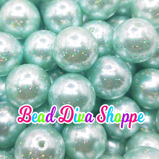 20mm - MINT GREEN GLITTER - Bubblegum Chunky Beads - Round Acrylic Beads for Diy and Jewelry Making Supplies