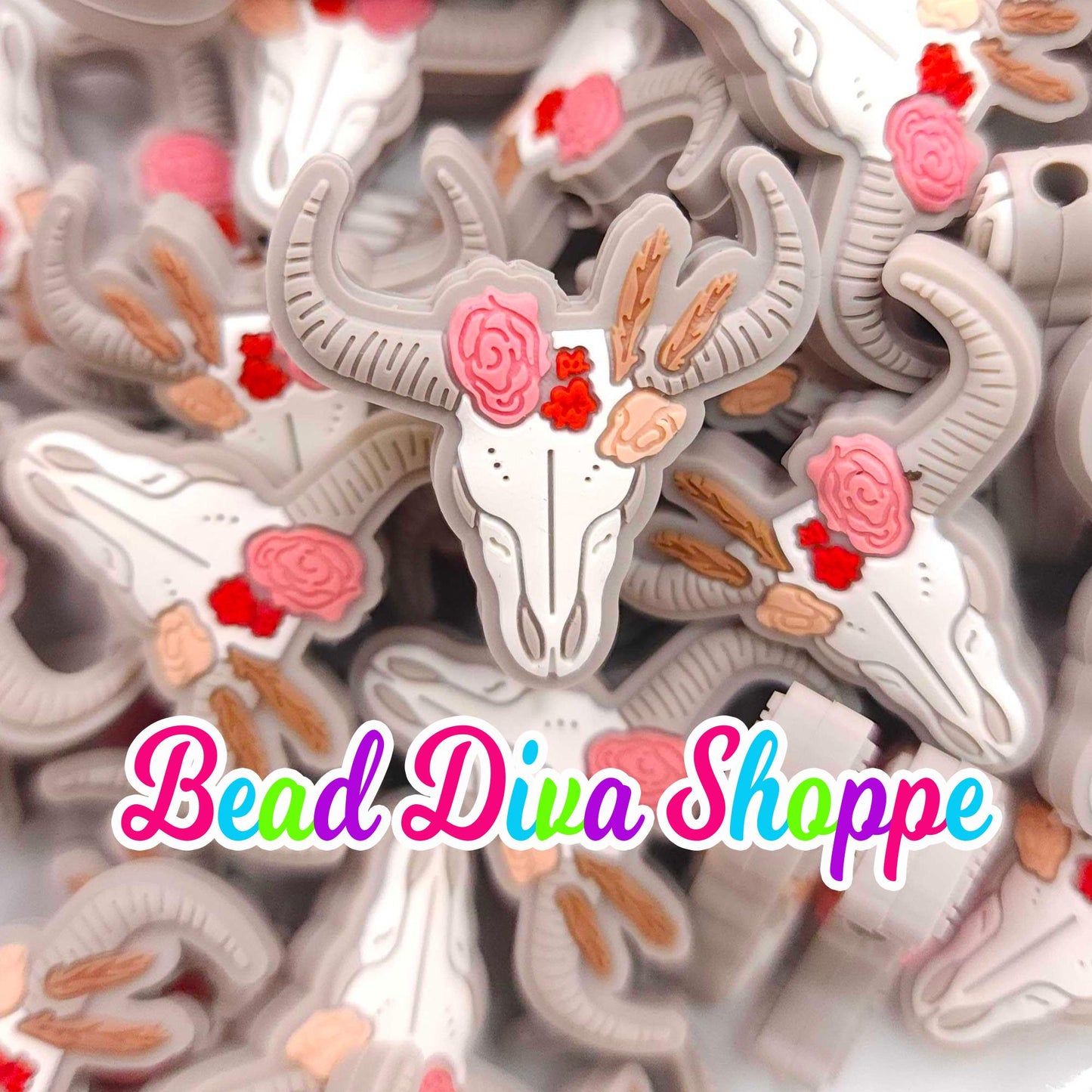 Set of 2 - 29mm X 29mm - FLOWER COW SKULL  - Focal  Beads - Diy Jewelry Making - Beaded Pens - Keychains - Bracelets