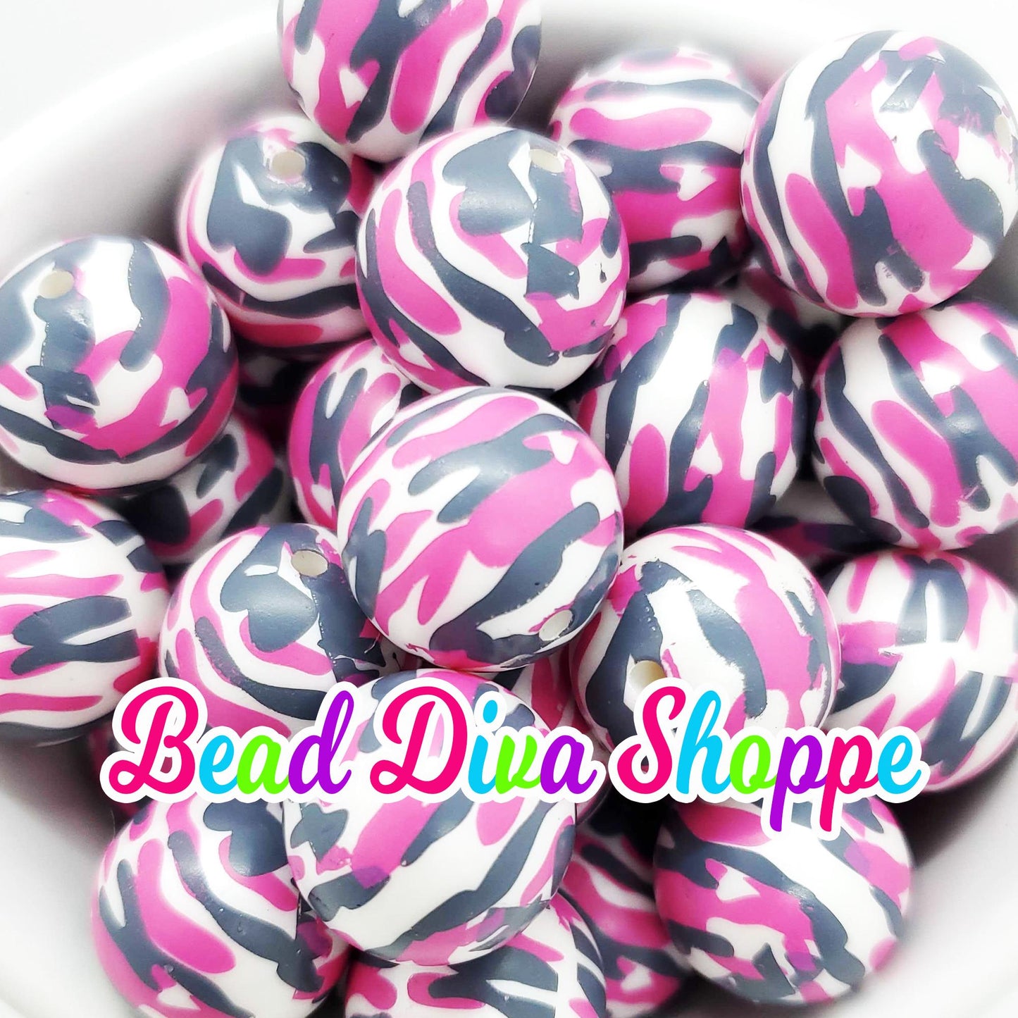 20mm - PINK / GRAY CAMO -  Print Beads - Bubblegum - Round Acrylic Beads for Diy and Jewelry Making Supplies