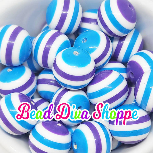 20mm - PURPLE / BLUE  / WHITE Stripes - Bubblegum Beads - Round Acrylic Beads for Diy and Jewelry Making Supplies
