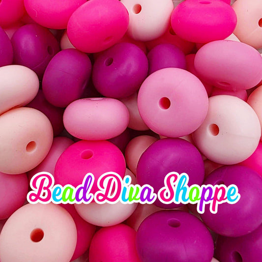 14mm - MIX Set of 10 - SWEET PINKS - Abacus Rondelle Round Loose Silicone Spacer Beads - Beadable pens - Keychains - Jewelry