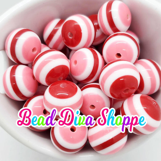 20mm - Pink / White / Red Stripes- Bubblegum - Round Acrylic Beads for DIY and Jewelry Making Supplies