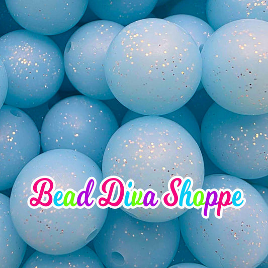 Set of 10 - 15mm - LIGHT BLUE GLITTER - Solid Silicone Beads - Diy Jewelry Making - Beaded Pens - Keychains - Bracelets