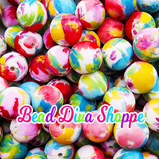 Set of 10 - 15mm - COLORFUL WATERCOLOR FLORAL - Round Silicone Beads - Diy Jewelry Making - Beaded Pens - Keychains - Bracelets
