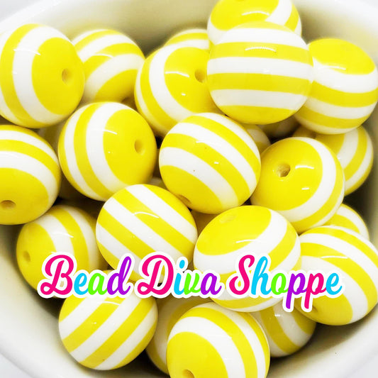 Set of 10 - 16mm - YELLOW / WHITE STRIPES - Bubblegum Beads - Round Acrylic Beads for Diy and Jewelry Making Supplies