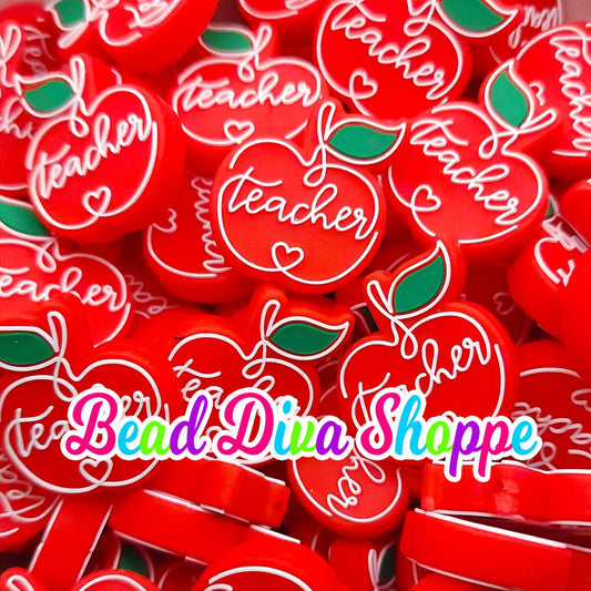 Set of 2 - 30mm x 26mm - RED APPLE TEACHER  - Focal  Beads - Diy Jewelry Making - Beaded Pens - Keychains - Bracelets