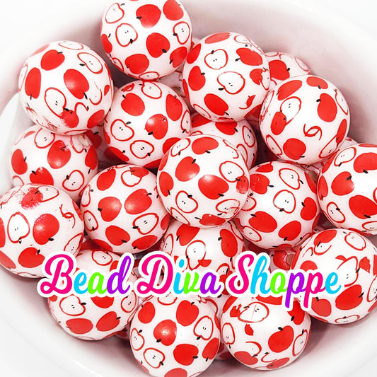 20mm - RED APPLE Print Beads - Great for Teachers - Schools - Bubblegum - Round Acrylic Beads for Diy and Jewelry Making Supplies