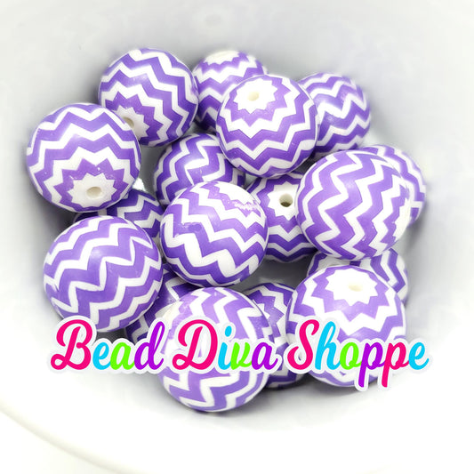 20mm - PURPLE and WHITE Pearl Zig Zag Beads - Bubblegum - Round Acrylic Beads for Diy and Jewelry Making Supplies
