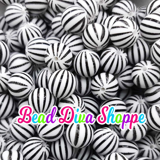 Set of 10 - 15mm - BLACK WHITE STRIPES - Round Silicone Beads - Diy Jewelry Making - Beaded Pens - Keychains - Bracelets