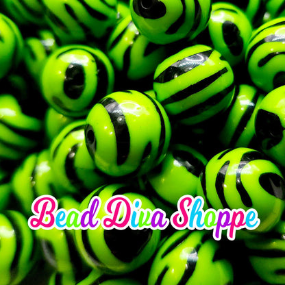 20mm - LIME / BLACK ZEBRA Print Beads - Bubblegum - Round Acrylic Beads for Diy and Jewelry Making Supplies