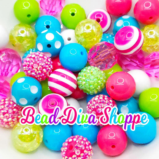 Set of 24 - 20mm - AQUA / HOT Pink / Lime / YELLOW - Bead Mix - Bubblegum - Round Acrylic Beads for Diy and Jewelry Making Supplies