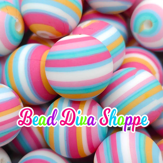 Set of 10 - 15mm - PASTEL STRIPES - Round Silicone Beads for Diy and Jewelry Making Supplies - Keychains - Beaded Pens