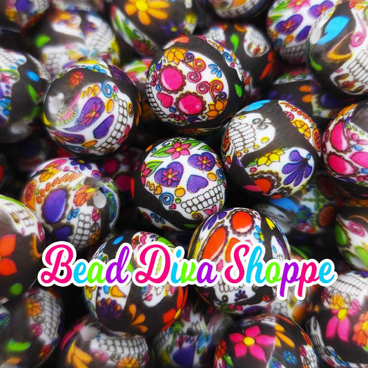 Set of 10 - 15mm - COLORFUL SUGAR SKULLS - Round Silicone Beads for Diy and Jewelry Making Supplies